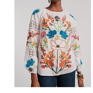 Frances Valentine White Blouse with Floral Embroidery